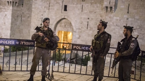 Click photo to download. Caption: Israeli Border Police officers guard at the Damascus Gate as security forces shut down Jerusalem's Old City while searching for a suspect following a stabbing attack on May 2, 2016. Credit: Hadas Parush/Flash90.