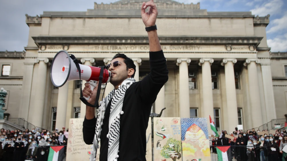 Mohsen Mahdawi speaks at a protest on the Columbia University campus, in New York City, on Nov. 9, 2023. Credit: Mukta Joshi/Getty Images.