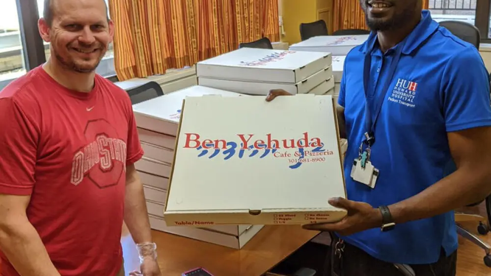 Pies of kosher pizza delivered to Howard University Hospital in Washington, D.C. Credit: Courtesy.