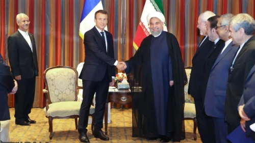 French President Emmanuel Macron with Iran’s President Hassan Rouhani before a meeting in New York on Sept. 18, 2017. Credit: Iran Press.