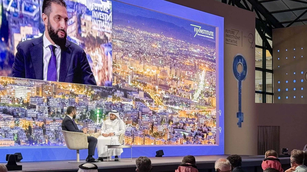 Syrian President Ahmed al-Sharaa speaks during the Future Investment Initiative (FII) conference in Riyadh, Saudi Arabia, on Oct. 29, 2025. Photo by Rania Sanjar/AFP via Getty Images.