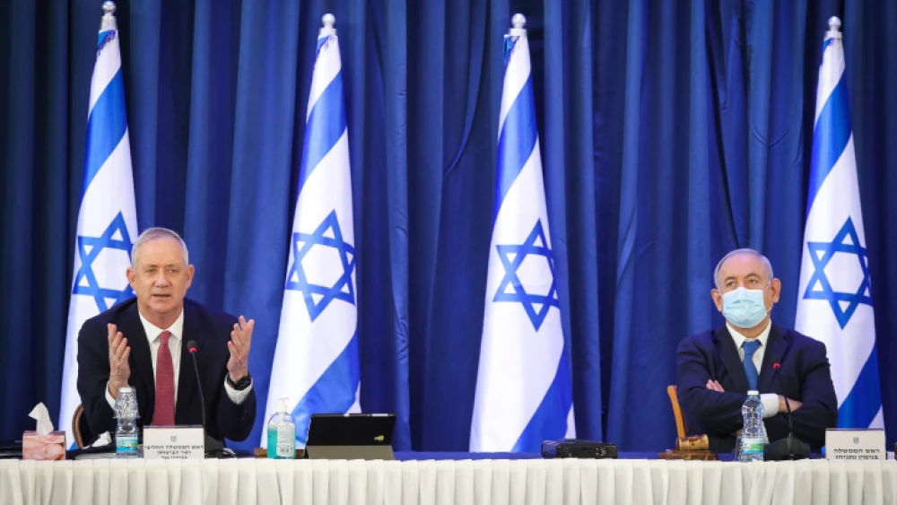 Israeli Prime Minister Benjamin Netanyahu and Defense Minister Benny Gantz at the weekly Cabinet meeting, at the Foreign Ministry in Jerusalem on June 21, 2020. Photo by Marc Israel Sellem/POOL.