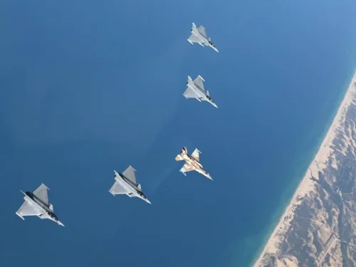 French and Israeli fighter jets fly in formation as part of the "Eastern Breeze" joint military exercise, which concluded on Dec. 6, 2022. Credit: IDF.