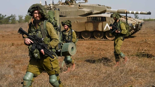 Israel Defense Forces reserve infantry and Merkava tank soldiers train in a military exercise in the Golan Heights on Oct. 23, 2023. Photo by Michael Giladi/Flash90.