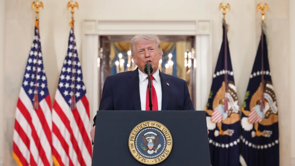 U.S. President Donald Trump updates the nation on the war with Iran from the Cross Hall of the White House in Washington, D.C., on April 1, 2026. Photo by Alex Brandon-POOL/Getty Images.