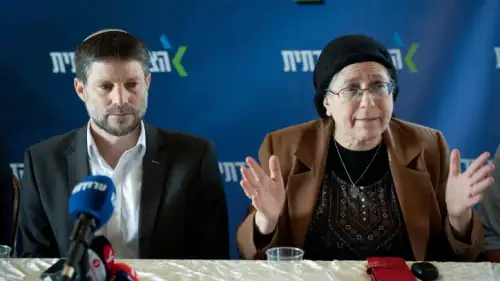 Israeli Finance Minister Bezalel Smotrich and National Mission Minister Orit Strock attend a Religious Zionism Party faction meeting at the Givat Harel outpost in Samaria, Feb. 14, 2023. Photo by Sraya Diamant/Flash90.
