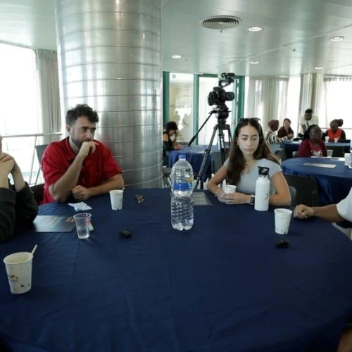 Survivors of Hamas's Oct. 7 music festival massacre meet with students from the University of Haifa International School, Nov. 6, 2023. Credit: University of Haifa.