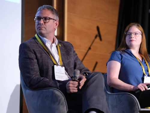 Tel Aviv University’s Hay Eytan Cohen Yanarocak and Dina Lisnyansky participate in a panel discussion at Kibbutz Lohamei Hageta’ot in the Western Galilee on May 21, 2025. Credit: Courtesy of the Alma Center.