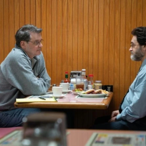 Actors Colin Firth and Michael Stuhlbarg as Michael Peterson and David Rudolf in HBO Max’s “The Staircase.” Courtesy of HBO Max.