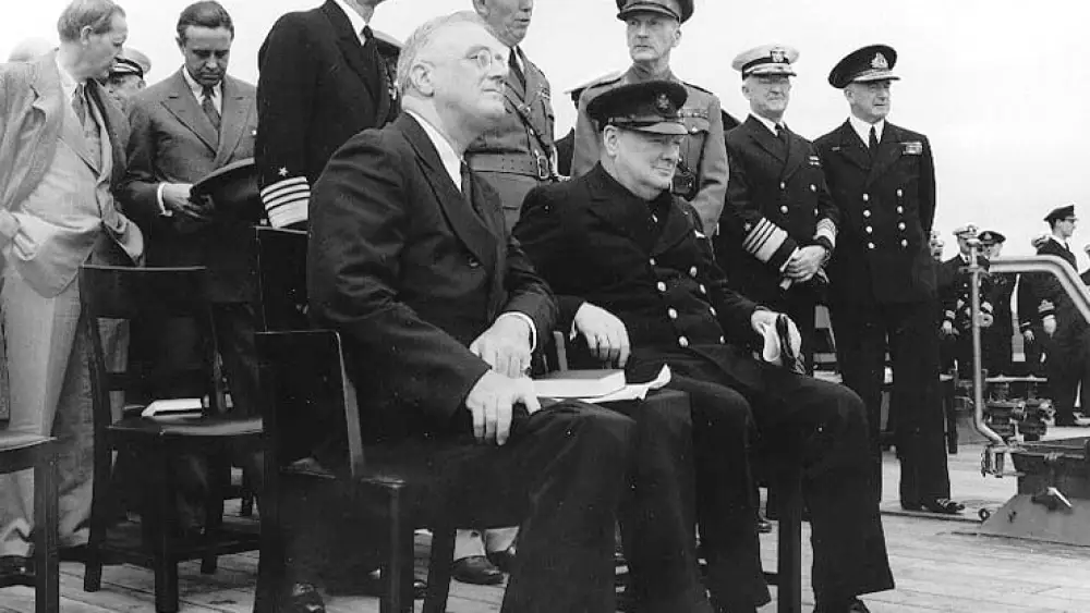 U.S. President Franklin D. Roosevelt and U.K. Prime Minister Winston Churchill on the after deck of HMS Prince of Wales in Placentia Bay, Newfoundland, Aug. 10, 1941. Credit: U.S. Naval Historical Center via Wikimedia Commons.