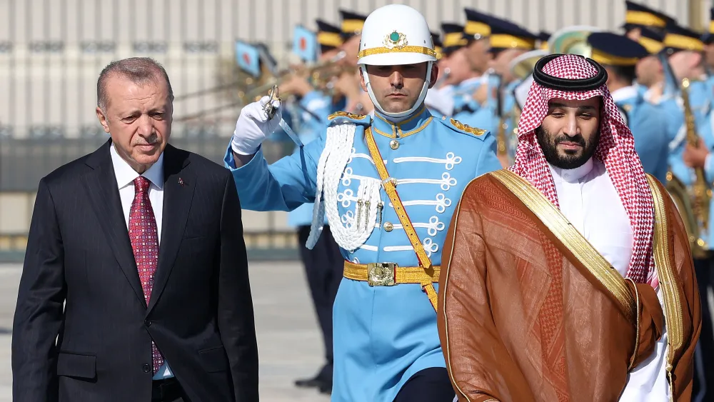 Turkey's President Recep Tayyip Erdoğan reviews the honor guard as he welcomes Crown Prince of Saudi Arabia Mohammed bin Salman at the Presidential Complex in Ankara on June 22, 2022. Photo by Adem Altan/AFP via Getty Images.
