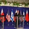 U.S. Secretary of State Mike Pompeo alongside Israeli Prime Minister Benjamin Netanyahu and Bahrain's Foreign Minister Abdullatif bin Rashid Al-Zayani at a press conference after their trilateral meeting in Jerusalem on Nov. 18, 2020. Photo by Menahem Kahana/POOL.