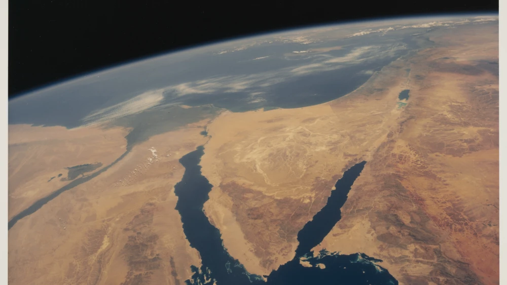Earth observation showing the Sinai Peninsula as well as parts of Egypt, Israel, Jordan and Saudi Arabia, with the Mediterranean Sea visible at the top on the image, as seen from Space Shuttle Columbia mission STS-40, June 5 to June 14, 1991. Photo by Space Frontiers/Archive Photos/Hulton Archive/Getty Images.