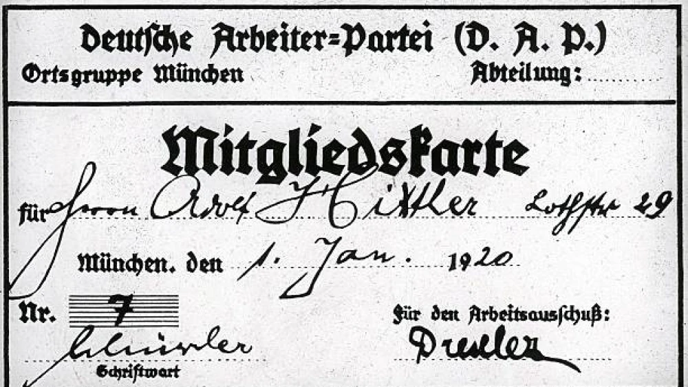 A forged copy of Adolf Hitler's membership card in the German Worker Party (DAP), which would later become the National Socialist German Workers' Party (NSDAP). Credit: Eloquence via Wikimedia Commons.