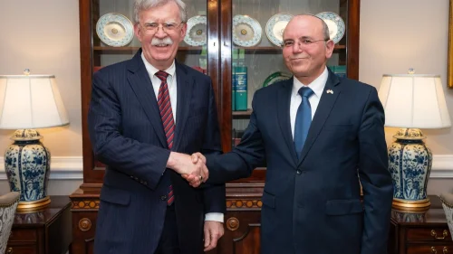 U.S. National Security Advisor John Bolton meets with his Israeli counterpart Meir Ben-Shabbat at the White House on April 15, 2019. Credit: John Bolton/Twitter.