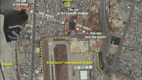 A satellite image released by the Israel Defense Forces on Sept. 27, 2018, showing three production sites near Beirut’s international airport used by Hezbollah to convert regular missiles into precision-guided missiles. Subsequently, the production plants were moved. Source: Israel Defense Forces.