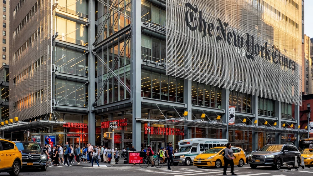 “The New York Times” building in Midtown Manhattan. Credit: Ajay Suresh via Wikimedia Commons.