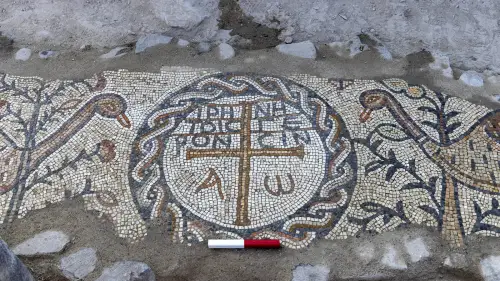 A close-up of the inscribed medallion flanked by Egyptian geese. Photo by Michael Eisenberg.