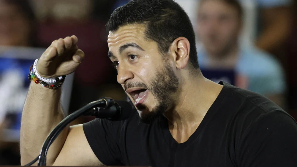 Dr. Abdul El-Sayed, the Democratic Senate nominee from Michigan, speaks during the Democratic Party general election kickoff rally at Renaissance High School in Detroit on Aug. 7, 2026. Photo by Jeff Kowalsky/AFP/Getty Images.
