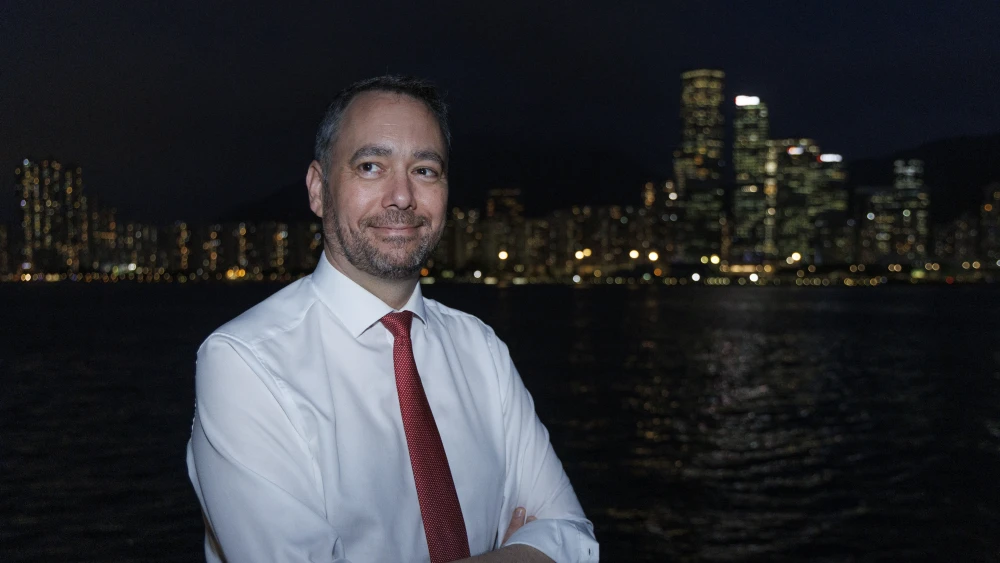 Belgian Deputy Prime Minister and Minister of Foreign Affairs Maxime Prévot during a boat trip in Hong Kong, during a Belgian mission to China, 27 April 2026. Photo by Nicolas Maeterlinck/Belga Mag/Belga/AFP via Getty Images.