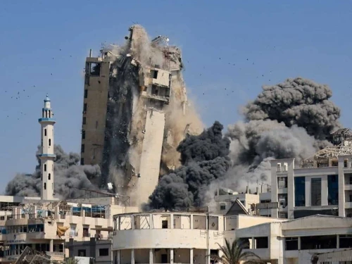 A building in Gaza City used by Hamas terrorists is destroyed by the Israel Defense Forces on Sept. 16, 2025. Source: @israel_katz/X.