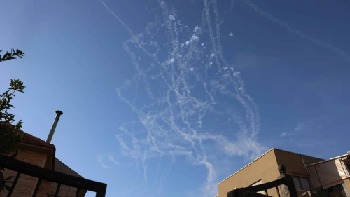 Israeli aerial defense systems intercept Hezbollah rockets over the Upper Galilee, as seen from Safed, Oct. 9, 2024. Photo by David Cohen/Flash90.