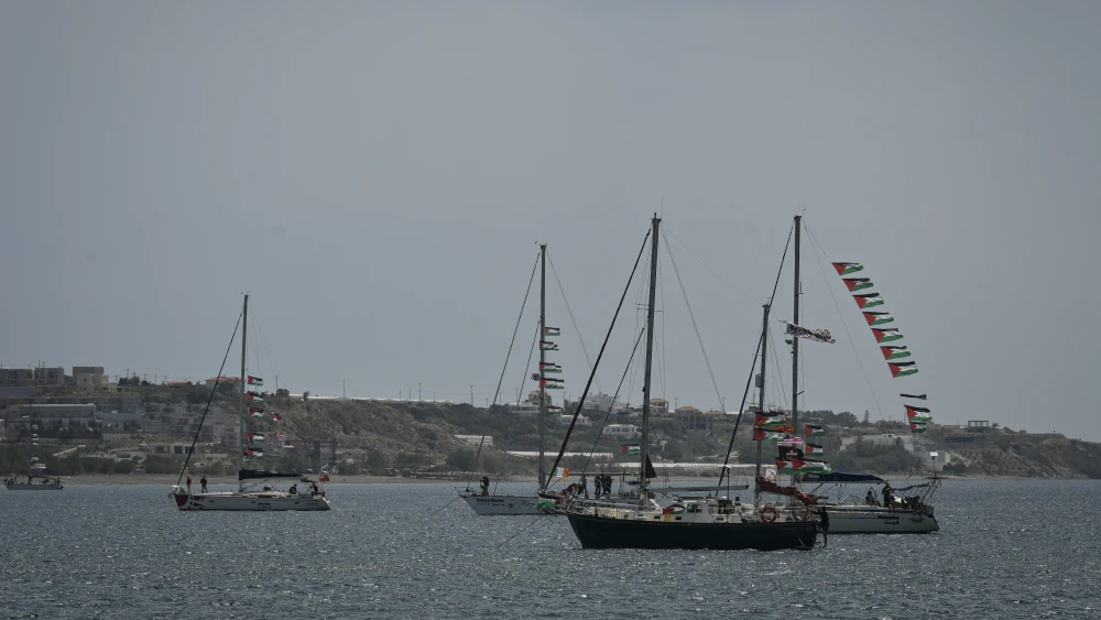 Vessels from the Global Sumud Flotilla are moored off the coast near Ierapetra on the Greek island of Crete, May 1, 2026. Photo by Eleftherios Elis Mitza/AFP via Getty Images.