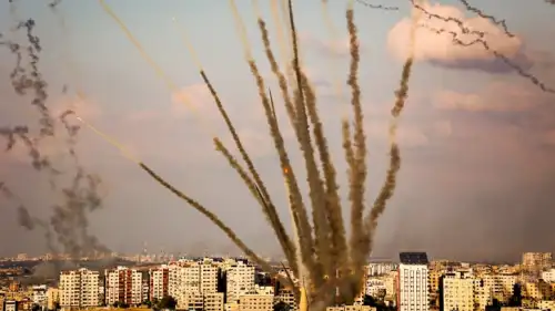 Rockets fired from the Gaza Strip towards Israel, Oct. 10, 2023. Photo by Atia Mohammed/Flash90.
