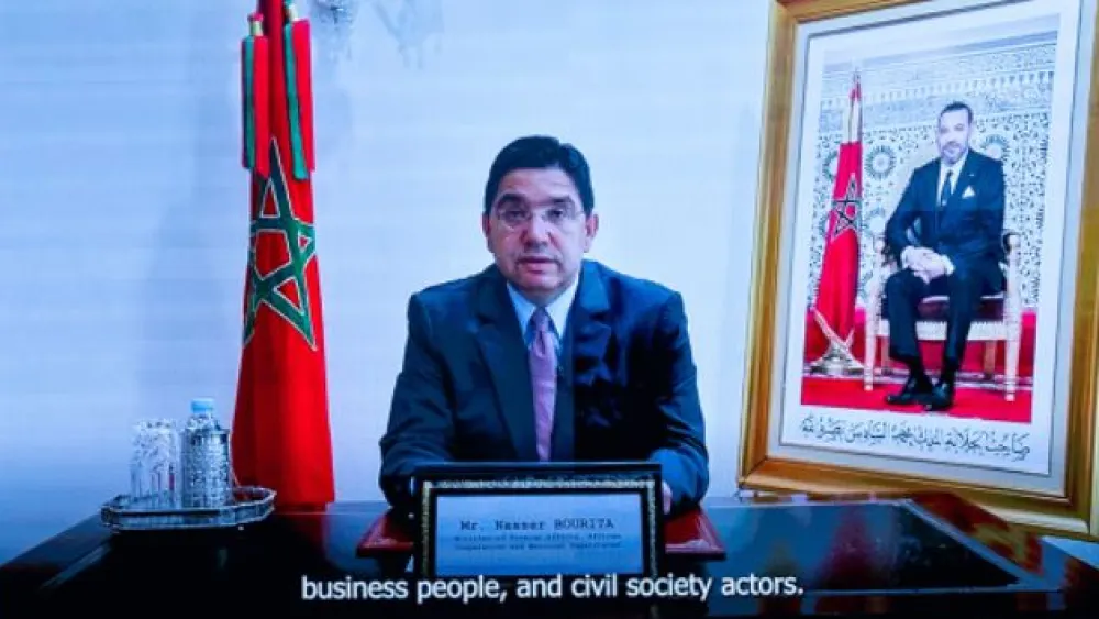 Moroccan Foreign Minister Nasser Bourita addressing the AJC Global Forum in Tel Aviv, June 12, 2023. Credit: American Jewish Committee.