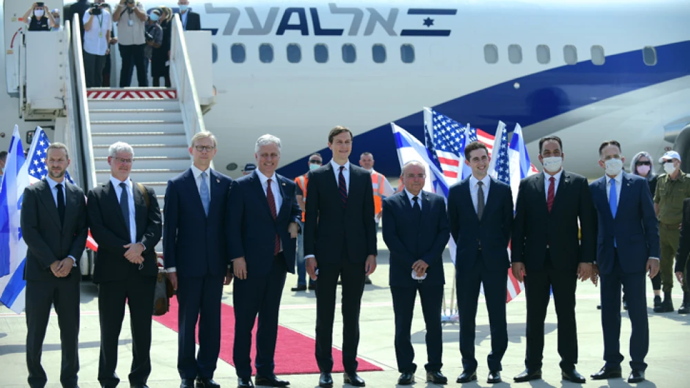 Senior adviser to U.S. President Donald Trump Jared Kushner, National Security Advisor Robert O'Brien and members of the U.S.-Israeli delegation attend a ceremony ahead of their departure from Tel Aviv to Abu Dhabi at Ben-Gurion International Airport on Aug. 31, 2020. Photo by Tomer Neuberg/Flash90.