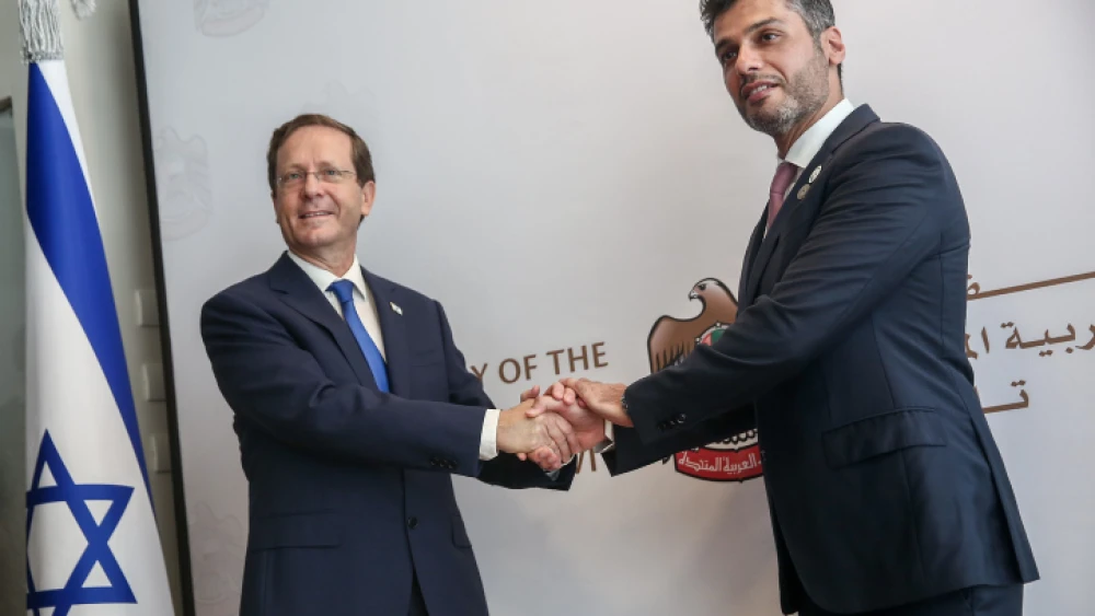 UAE Ambassador to Israel Mohamed Al Khaja and Israeli President Isaac Herzog at the opening ceremony of the UAE embassy in Tel Aviv, July 14, 2021. Photo by Miriam Alster/Flash90.