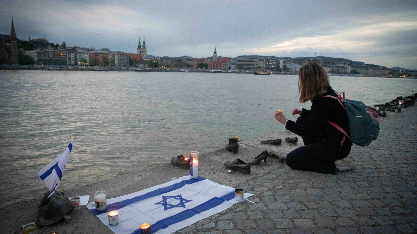 Shoes on the Danube Bank, a memorial to honor the Jews who were killed by fascist Arrow Cross militiamen during World War II, in Budapest, Hungary, on April 18, 2023. Photo by Arie Leib Abrams/Flash90.