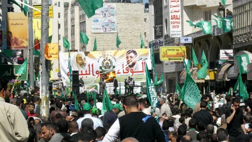 A pro-Hamas rally in Ramallah. Credit: Wikimedia Commons.