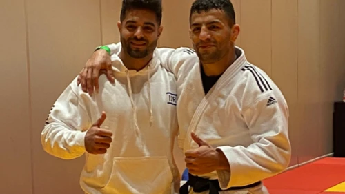 Israeli judoka Sagi Muki (left) and Saeid Mollaei in Tel Aviv on Feb. 16, 2021. Credit: Israel Judo Association.