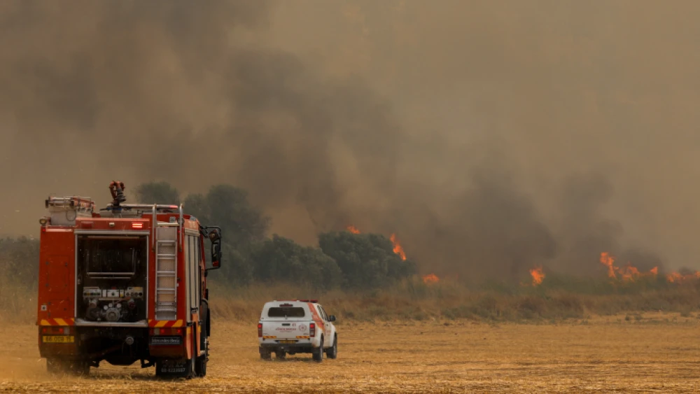 Firefighters try to extinguish a forest fire near Moshav Aderet on July 17, 2019. Photo by Noam Revkin Fenton/Flash90.