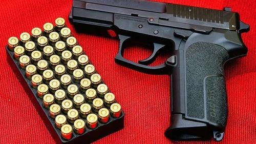 Click photo to download. Caption: An SIG Pro semi-automatic pistol. Credit: Augustas Didžgalvis.