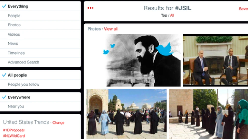 Click photo to download. Caption: The Twitter page of the #JSIL hashtag, which equates Israel and the Islamic State terror group. Credit: Twitter.