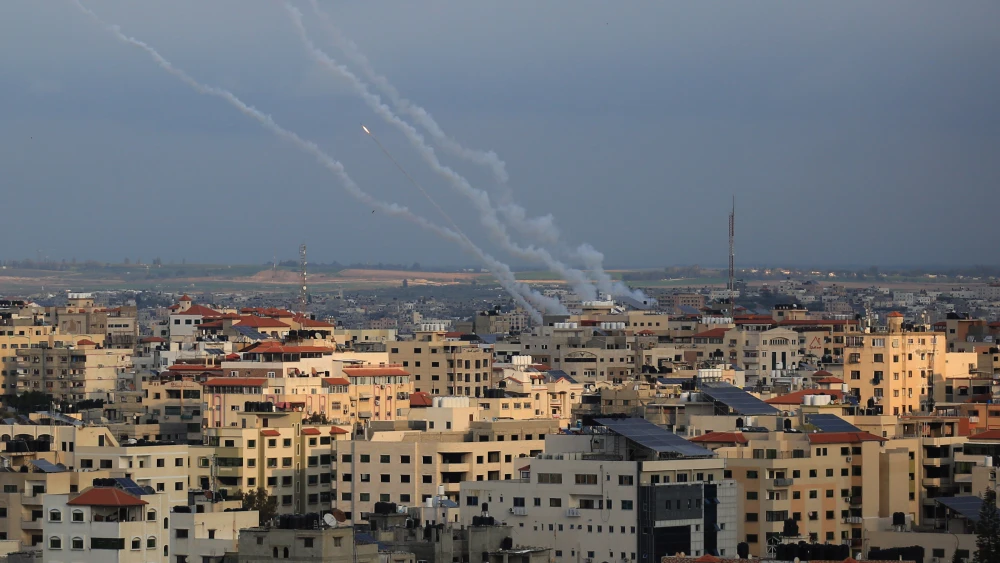 Smoke trails from rockets fired by Palestinian terrorists in Gaza City on Feb. 24, 2020. Photo by Ail Ahmed/Flash90.
