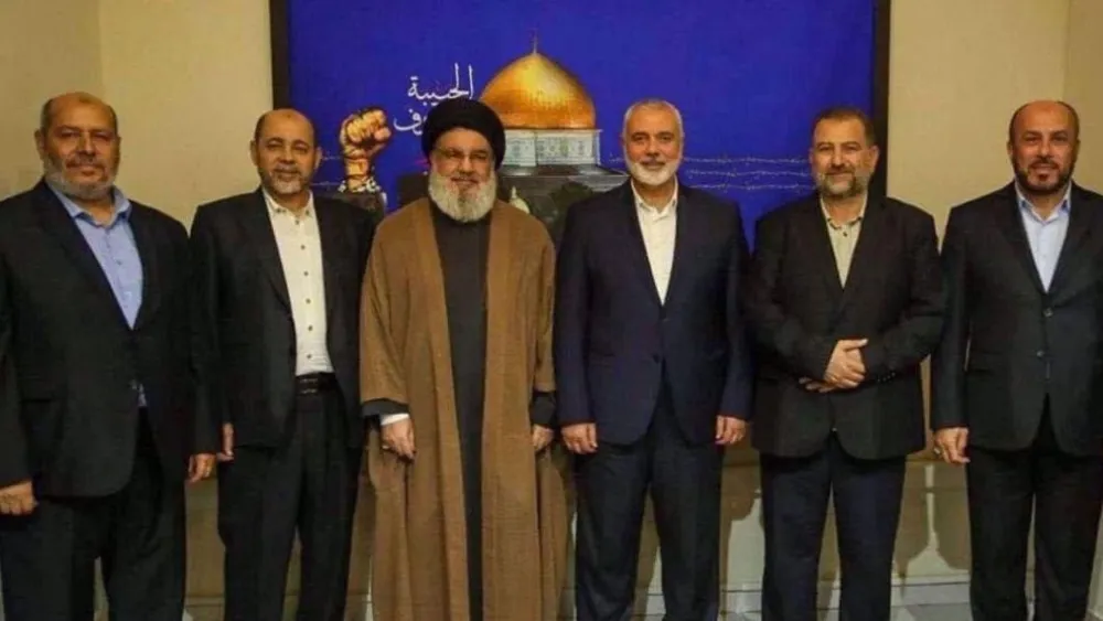 Hezbollah Secretary General Hassan Nasrallah (third from left) meets with a delegation of senior Hamas officials in Beirut, April 6, 2023. Source: Twitter.