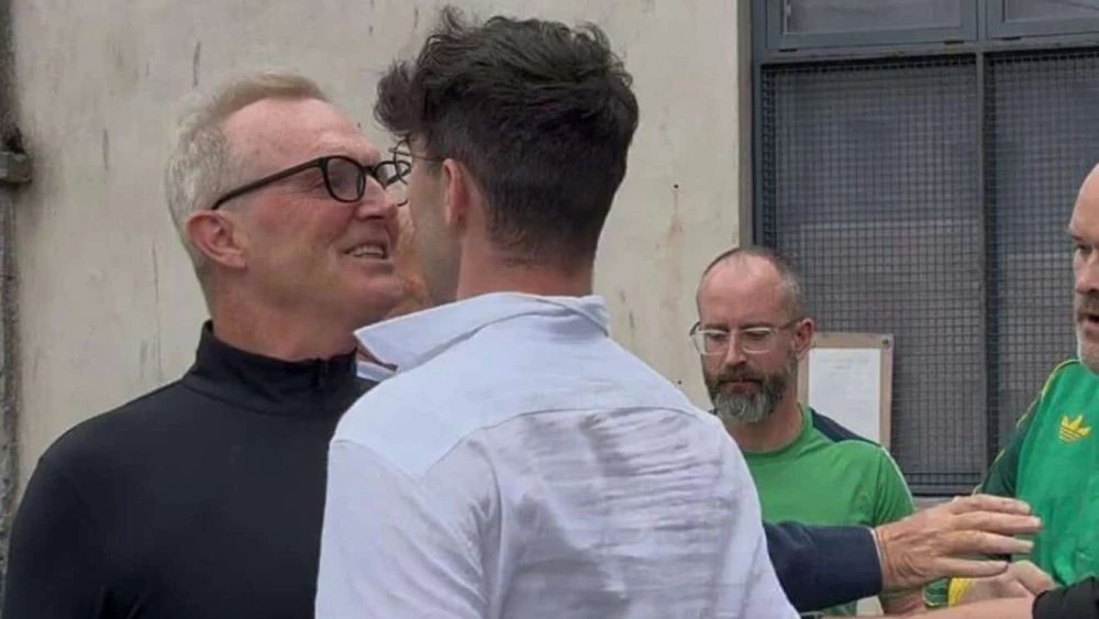 Dr. Ger Downes, left, shoves Jamie O'Mahony at The Gaff venue in Limerick, Ireland on July 5, 2025. Photo courtesy of O'Mahony.
