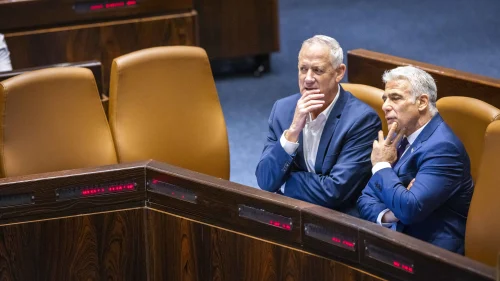 Then-Defense Minister Benny Gantz (left) and then-Prime Minister Yair Lapid in the Knesset. Photo by Olivier Fitoussi/Flash90.