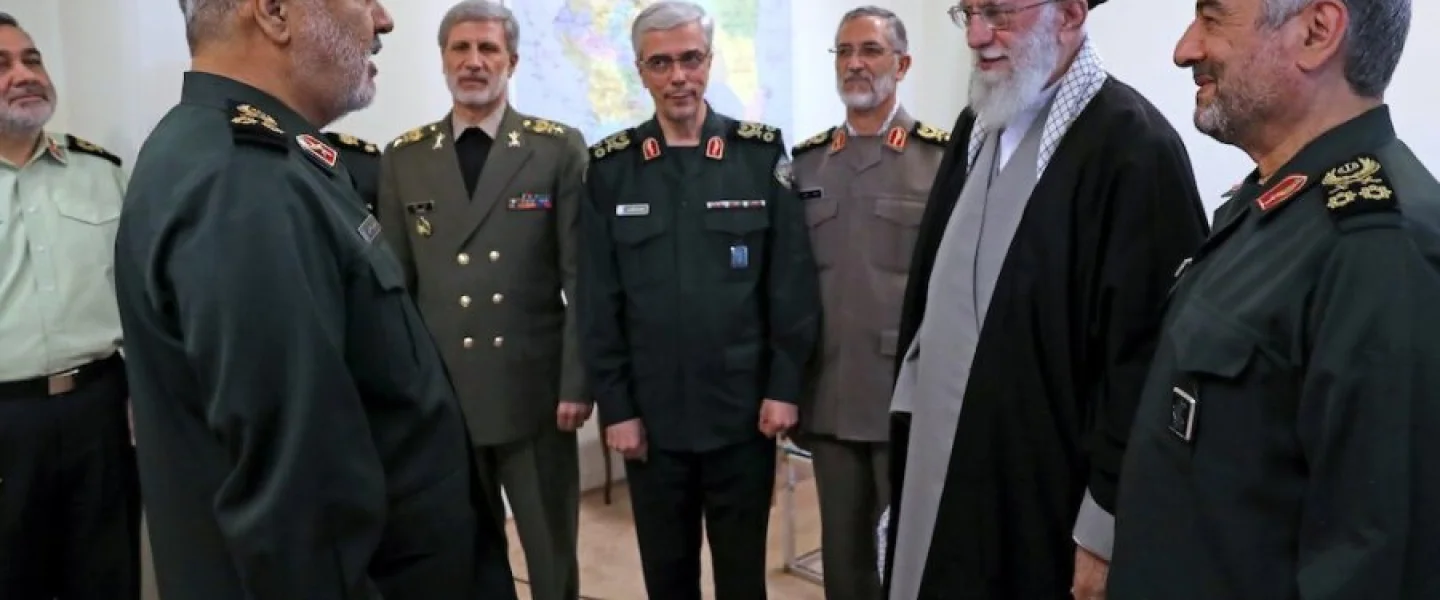 Iranian Supreme Leader Ayatollah Ali Khamenei (far right) promotes Hossein Salami (far left) to commander-in-chief of the Islamic Revolutionary Guard Corps on April 21, 2019, in the presence of Iran’s military and IRGC leadership. Source: Iran Press.