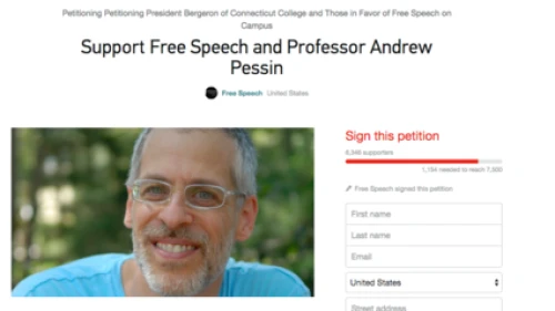 Click photo to download. Caption: A change.org petition on the free speech rights of Connecticut College philosophy professor Andrew Pessin. Credit: Screenshot of change.org.