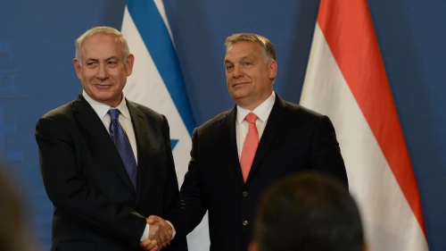Israeli Prime Minister Benjamin Netanyahu and Hungarian Prime Minister Viktor Orbán hold a joint press conference at the Parliament building in Budapest on July 18, 2017. Photo by Haim Zach/GPO.