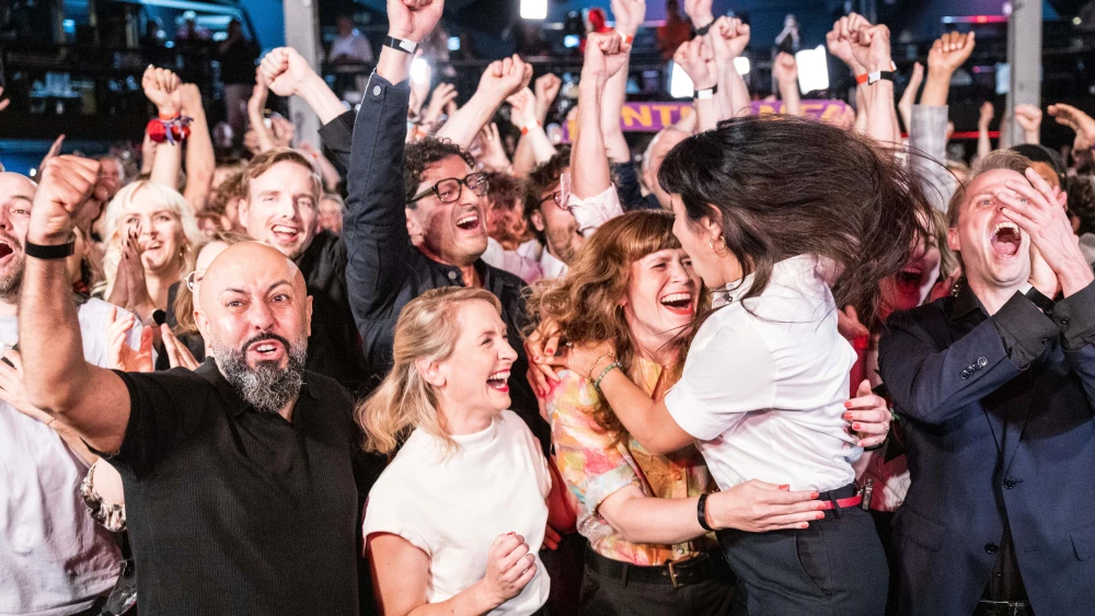The Executive Board of The Left reacts to the announcement of the preliminary election results in the Berlin state elections in Berlin, Germany on Sept. 20, 2026. Photo by Nadja Wohlleben/Getty Images.