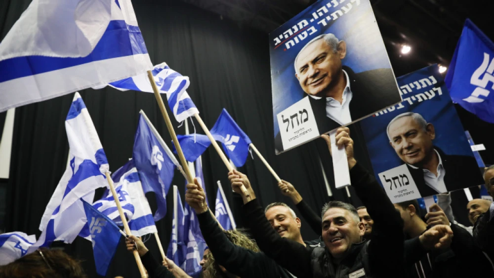 Likud supporters react to the results of polls on election night at Likud Party headquarters in Tel Aviv, March 2, 2020. Photo by Olivier Fitoussi/Flash90.