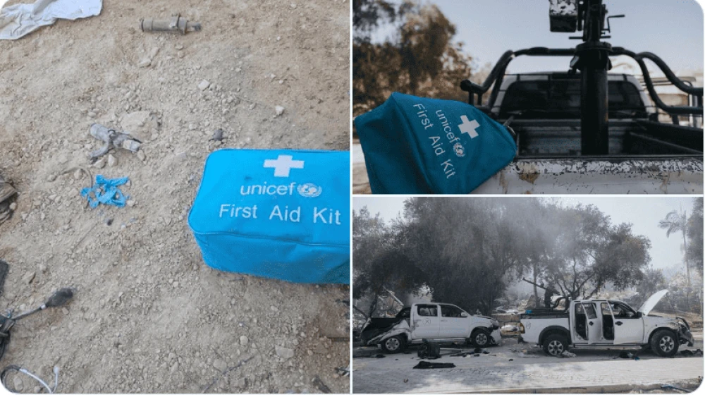UNICEF first-aid kits used by Hamas in the terror group's Oct. 7 massacre. Credit: NGO Monitor.