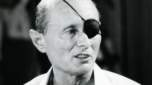 Israeli politician and military leader Moshe Dayan on the night of Israel's June 30, 1981 elections. Dayan was the fourth Chief of Staff of the Israel Defense Forces, who later went on to become Defense Minister and Foreign Minister of Israel. Photo by Moshe Shai/Flash90.