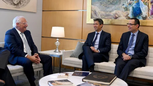Israeli Communications Minister Yoaz Hendel (center), Knesset Foreign Affairs and Defense Committee chairman Zvi Hauser (right) and U.S. Ambassador to Israel David Friedman meet in Jerusalem, May 26, 2020. Credit: Matty Stern, U.S. Embassy in Israel.