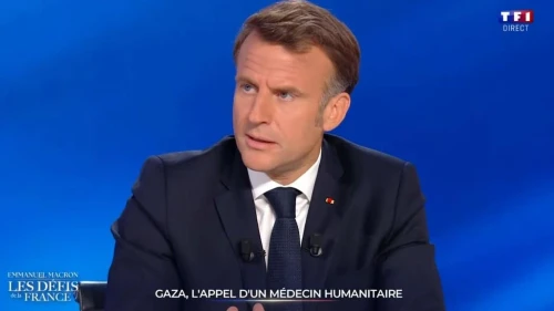 French President Emmanuel Macron interviewed on France television channel TF1, May 13, 2025. Credit: YouTube/TF1 Info.